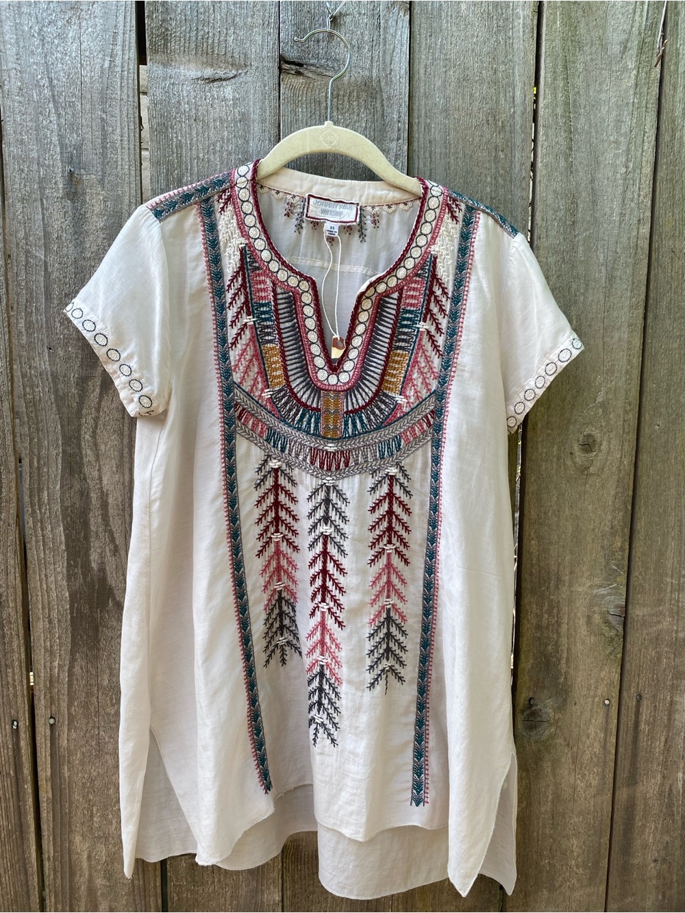 Johnny Was Cream Tunic with Red, Teal and Mustard Embroidery
